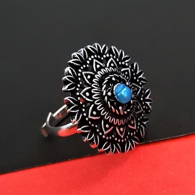 Yash Jewels Emporium Silver-Plated Oxidized Flower Ring (Turquoise) Brass Silver Plated Ring