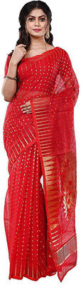 Shri Boutique Solid/Plain Handloom Cotton Blend Saree(Red)