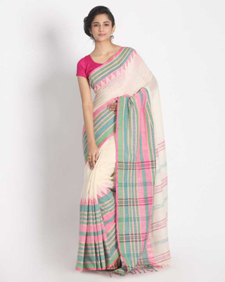 Shri Boutique Solid/Plain Handloom Cotton Blend Saree(White)