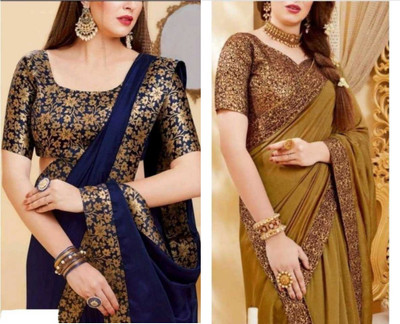 JAYKAR Solid/Plain Assam Silk Lycra Blend Saree(Pack of 2, Gold, Blue)