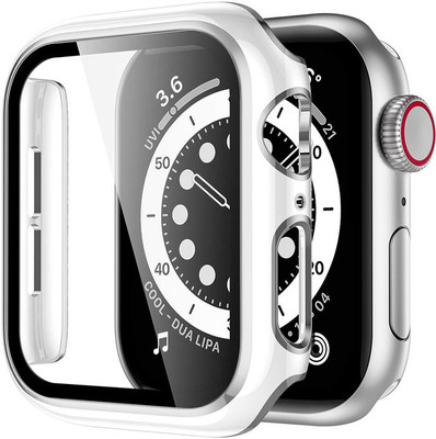 KAZUKI Front and Back Tempered Glass for Apple Watch Series 4 (44mm)| Series 5 (44mm)| Series 6(44mm) | Series SE (44mm) Shockproof Hard Electroplated Case (White Silver)(Pack of 1)