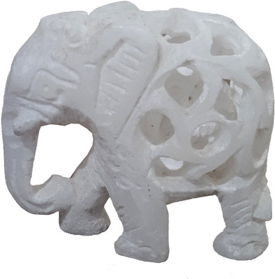 Purpledip Marble Statue Nested Elephants: Lattice Design Jaali Work Mesh Sculpture Decorative Showpiece  -  5 cm(Marble, White)