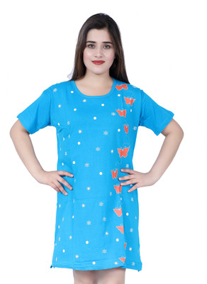 BG ONLINE Printed Women Round Neck Blue T-Shirt
