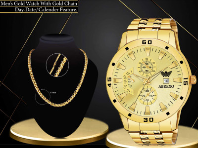 ABREXO Abx8404-GD Gold Date Working Watch Gold Dial Date Feature Wrist Watch With Designer Chain Exclusive Combo for Boys Analog Watch  - For Men