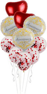 Dinipropz Solid Happy Anniversary Round Balloon Set With Confetti & Heart foil Balloons Balloon(Red, White, Pack of 10)