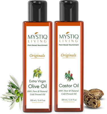 Mystiq Living Combo Extra Virgin Olive Oil & Castor Oil, For Skin & Hair (Cold Pressed)(200 ml)