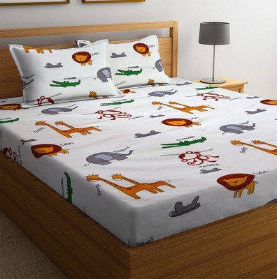 New leaf 220 TC Cotton Double Cartoon Fitted (Elastic) Bedsheet(Pack of 1, White Cartoon Printed)