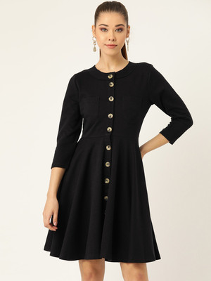 KASSUALLY Women Fit and Flare Black Above Knee/Mid Thigh Length Dress