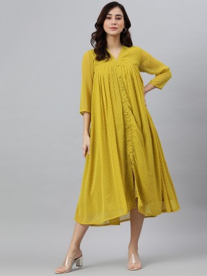 Janasya Women A-line Gold Dress