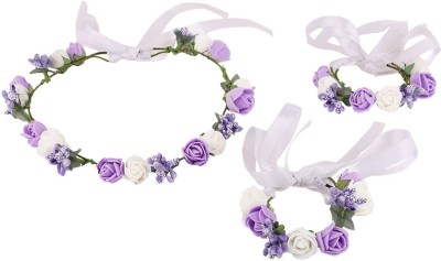 Sanjog Bohemian Rosie Purple White Floral Adjustable Tiara Crown And Two Hand Tiara/Puff Wrap Head Band(Multicolor)