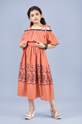 Mirrow Trade Girls Calf Length Casual Dress(Orange, Short Sleeve)
