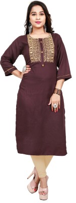 TAZURBA Women Embroidered Straight Kurta(Brown)