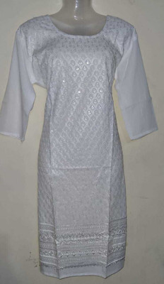 NMS Women Embroidered A-line Kurta(White)