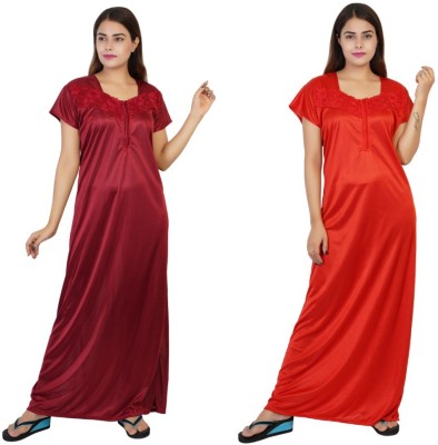 NACNO Women Nighty Set(Maroon, Red)