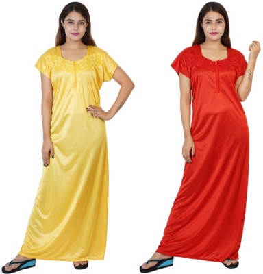 NACNO Women Nighty Set(Yellow, Red)