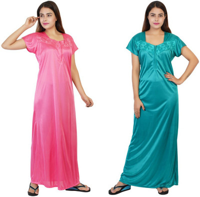 NACNO Women Nighty Set(Pink, Green)