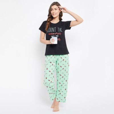 Clovia Women Printed Black Top & Pyjama Set