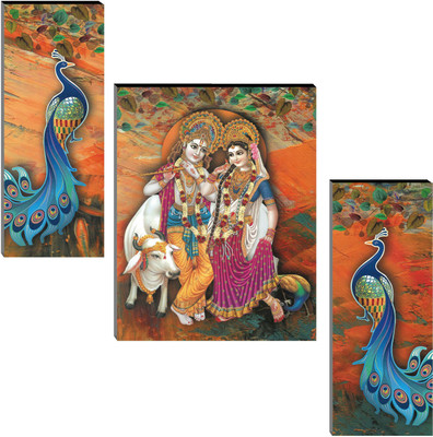Indianara Set of 3 Radha Krishna with Peacocks MDF Painting (4077FL) without glass Digital Reprint 12 inch x 18 inch Painting(With Frame, Pack of 3)