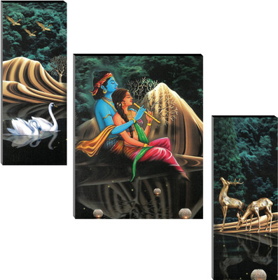 Indianara Set of 3 Radha Krishna with Duck and Deers MDF Painting (4076FL) without glass Digital Reprint 18 inch x 12 inch Painting(With Frame, Pack of 3)