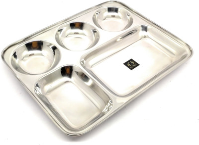 Nyra Stainless-Steel Round shaped compartments 5 in 1 divided section Bhojan Thali Sectioned Plate(Pack of 6)