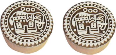Global Art Traders Round Shape Wooden Fabric Printing Block – Elephant Design Block 2 Piece Printing Blocks(Pack of 2)