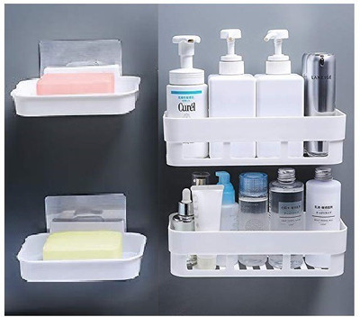 Flipco Wall Mount 2 Bathroom Shelf and 2 Soap Dish and Rack for Home and Kitchen. Plastic Wall Shelf(Number of Shelves - 4, White)