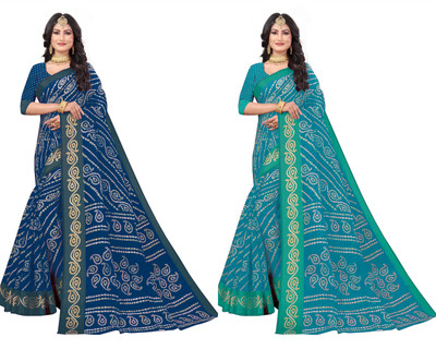 RUNAYA NX Printed Bandhani Cotton Silk Saree(Pack of 2, Multicolor)