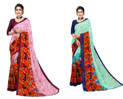 RUNAYA NX Printed Bollywood Georgette Saree(Pack of 2, Multicolor)