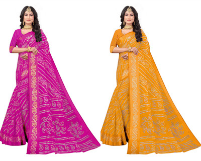 RUNAYA NX Printed Bandhani Cotton Silk Saree(Pack of 2, Multicolor)