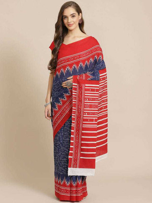 NIKHILAM Printed Daily Wear Pure Cotton Saree(Blue, Red)