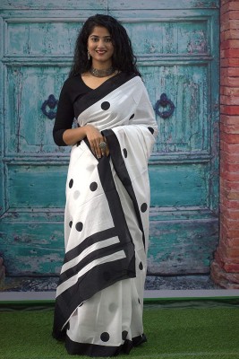 hastshilpi Printed, Color Block, Blocked Printed, Floral Print, Dyed Daily Wear Pure Cotton Saree(White)