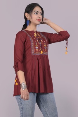 TUHINZIFAB Casual Embroidered Women Maroon Top