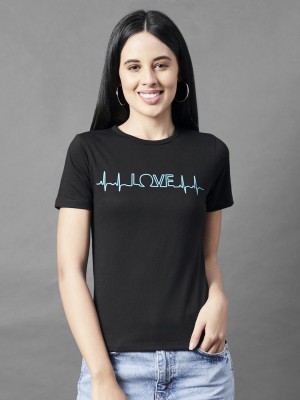 RIGO Printed Women Round Neck Black T-Shirt
