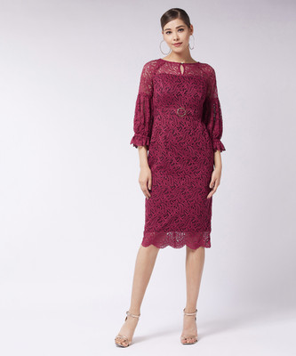 Miss Chase Women Shift Maroon Knee Length Dress