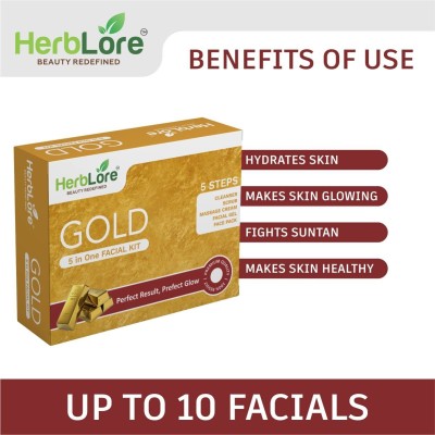 HerbLore Gold Facial Kit 5 in 1 with Cleanser, Scrub,Massage Cream,Facial Gel & Face Pack(5 x 55 g)