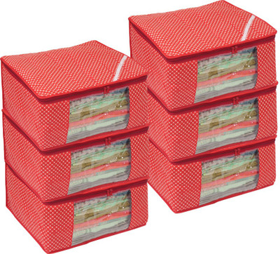 PrettyKrafts Cotton Saree Cover/Saree Bag/ Storage Bag with Transparent Window, Extra Large, (Pack of 6) Red(Red)