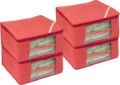 PrettyKrafts Cotton Saree Cover/Saree Bag/ Storage Bag with Transparent Window, Extra Large, (Pack of 4) Red(Red)