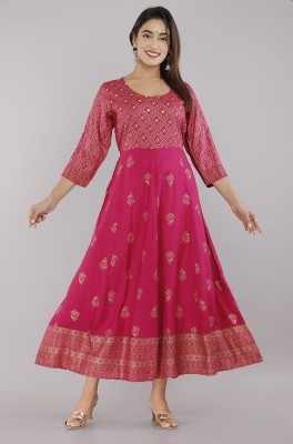 Harsh kurtis Women Printed Flared Kurta(Pink)