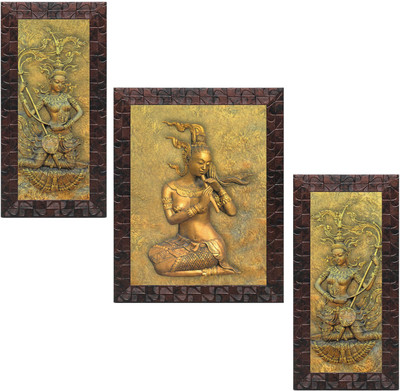 Indianara Set of 3 Women Playing Music Framed Art Painting (4082GBNN) without glass Digital Reprint 13 inch x 10.2 inch Painting(With Frame, Pack of 3)
