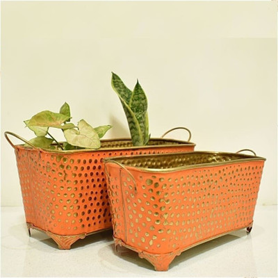 homspurts Orange Rustic Metal Rectangular Bucket Patio Planter Vintage with Handles (Set of Two) Plant Container Set(Pack of 3, Metal)