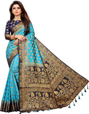 BHUVA BROTHERS Self Design Banarasi Cotton Silk Saree(Blue)