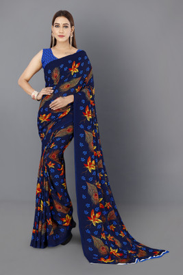 kashvi sarees Printed, Floral Print Bollywood Georgette Saree(Dark Blue)