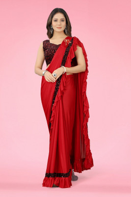 Suali Solid/Plain Bollywood Lycra Blend Saree(Red)