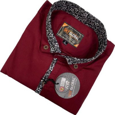 Sky Global Men Self Design, Solid Casual Maroon Shirt