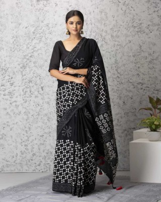 NIKHILAM Printed, Blocked Printed, Color Block, Floral Print, Dyed Daily Wear Pure Cotton Saree(Black)