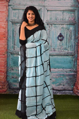 Craftmusium Printed, Color Block, Blocked Printed, Floral Print, Dyed Daily Wear Pure Cotton Saree(Light Blue)