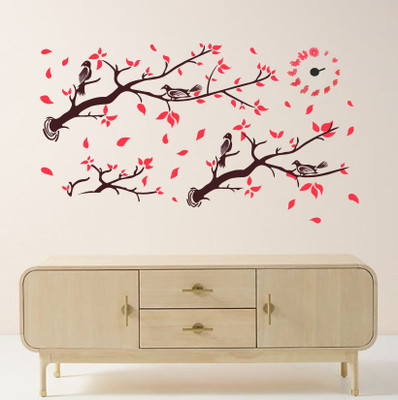 Psychedelic Collection 57 cm decorative birds sitting on the tree flowers clock wall sticker Self Adhesive Sticker(Pack of 1)