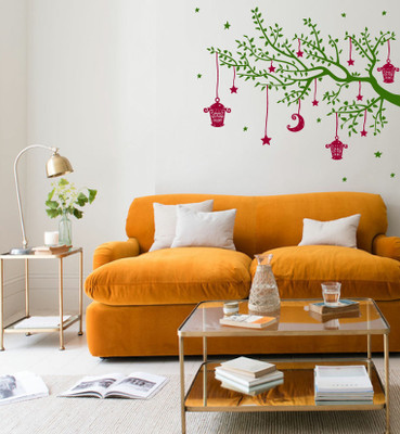Psychedelic Collection 95 cm decorative tree with hanging lamp stars wall sticker Self Adhesive Sticker(Pack of 1)