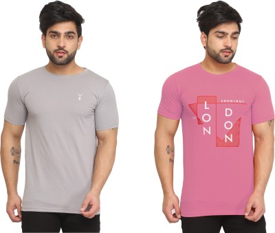 Kundan Printed, Solid Men Round Neck Pink, Grey T-Shirt