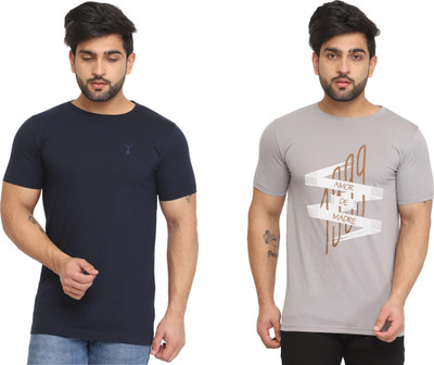 Kundan Printed, Solid Men Round Neck Dark Blue, Grey T-Shirt